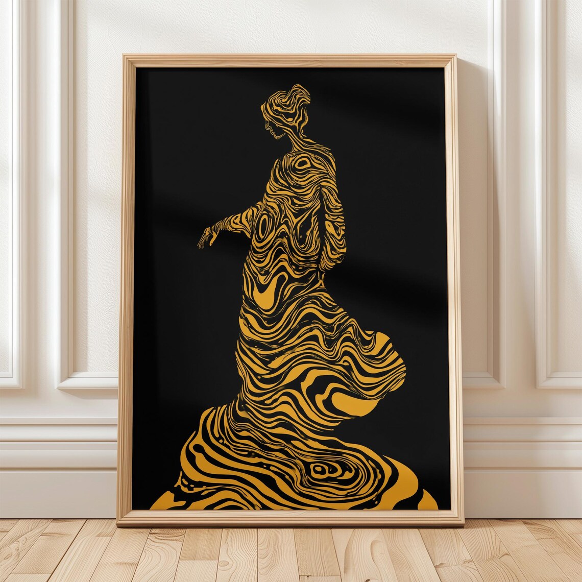 Flowing Yellow Dress Silhouette, Minimalist Woman Art Print