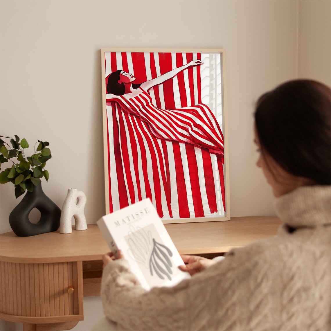 Reclining Woman in Red and White Flowing Striped Dress Poster - Image 5