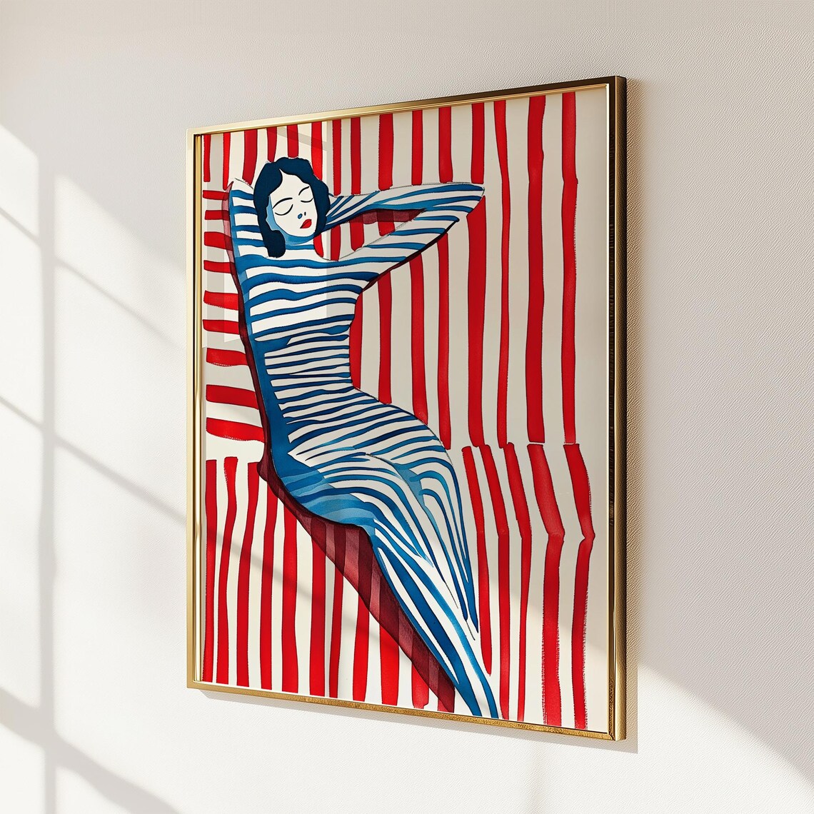 Woman in Blue Striped Dress Reclining Against Red Stripes Poster - Image 4