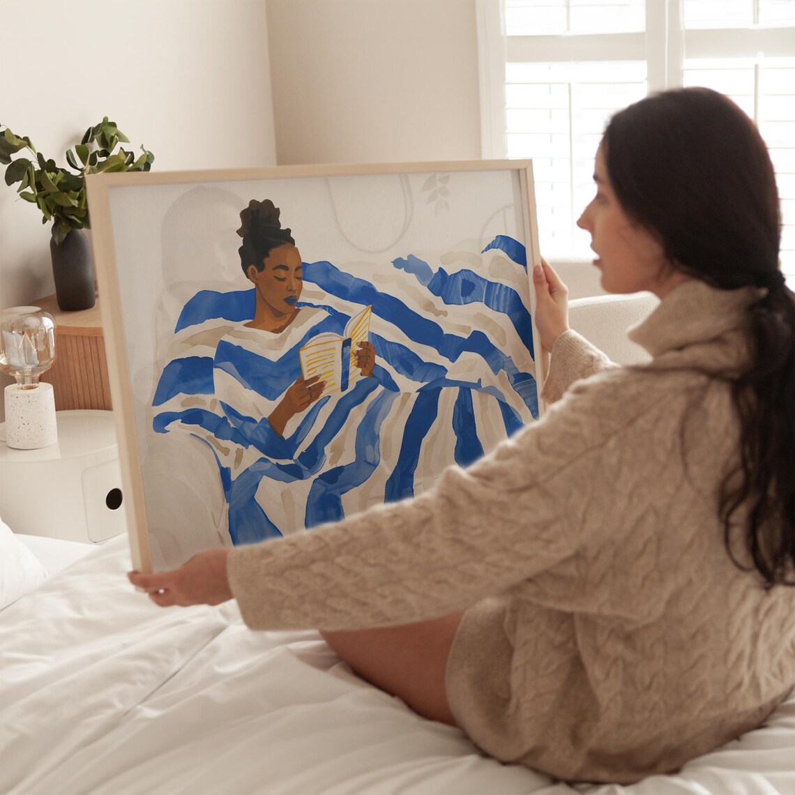 Woman Reading Under Bold Blue Striped Blanket Book Lover Poster - Image 4
