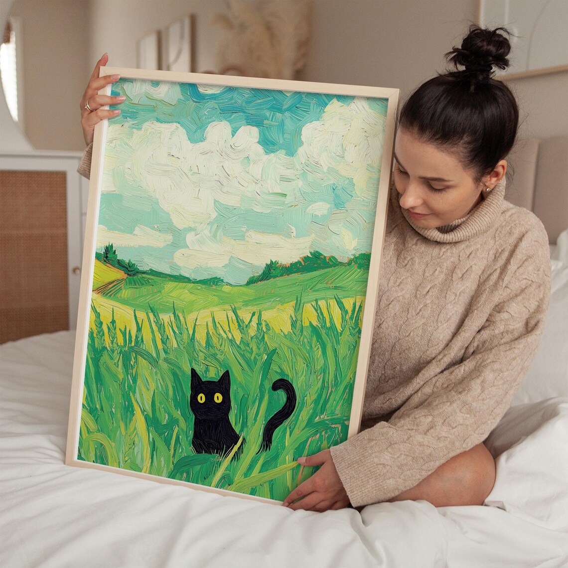 Black Cat in Green Field, Whimsical Landscape Art Print - Image 4