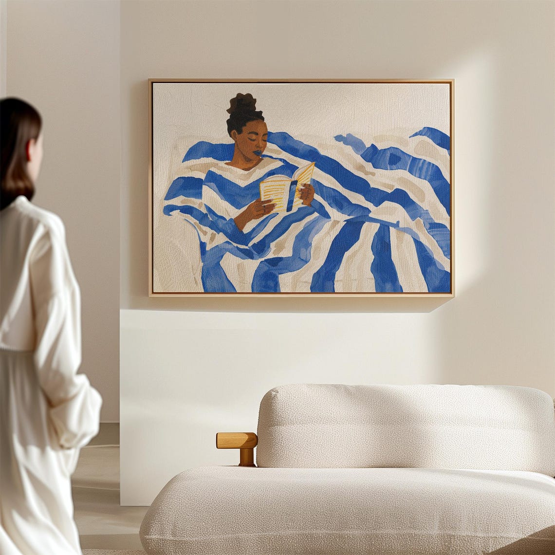 Blue Striped Woman Reading Print Bold Minimalist Wall Art Abstract People Poster Cozy Reading Corner Art Illustration Decor - Image 2