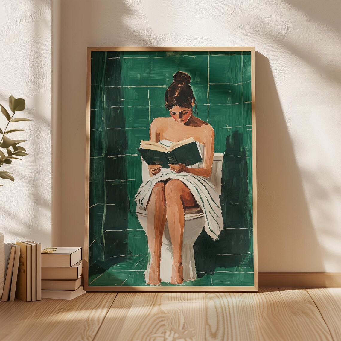 Woman Reading on Toilet Emerald Bathroom Feminist Art Poster - Image 5