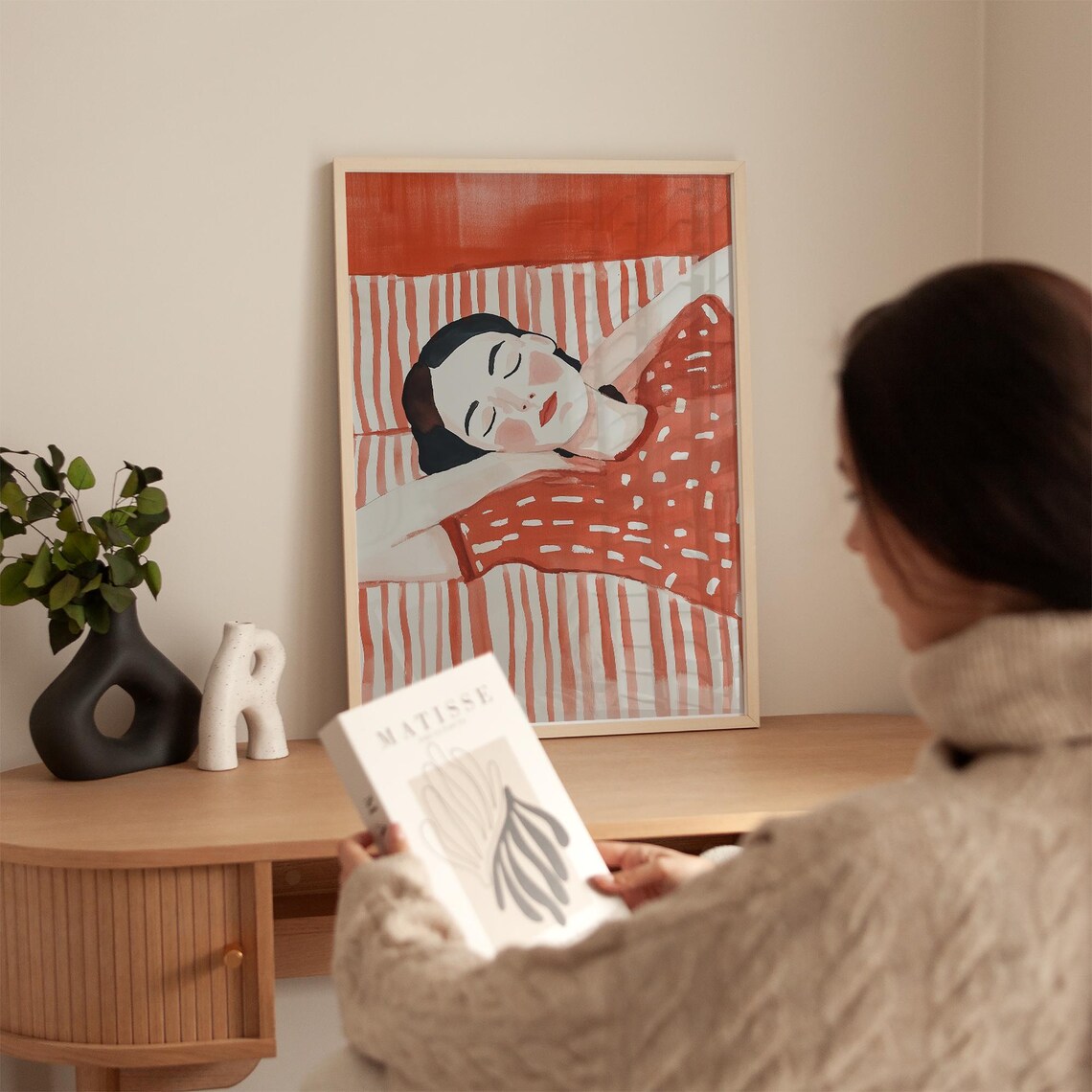 Sleeping Woman in Red Polka Dot Dress Cozy Restful Art Poster - Image 2