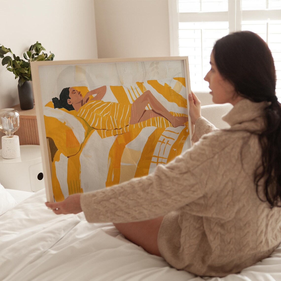 Relaxed Woman Lounging in Warm Yellow Striped Bedding Poster - Image 4
