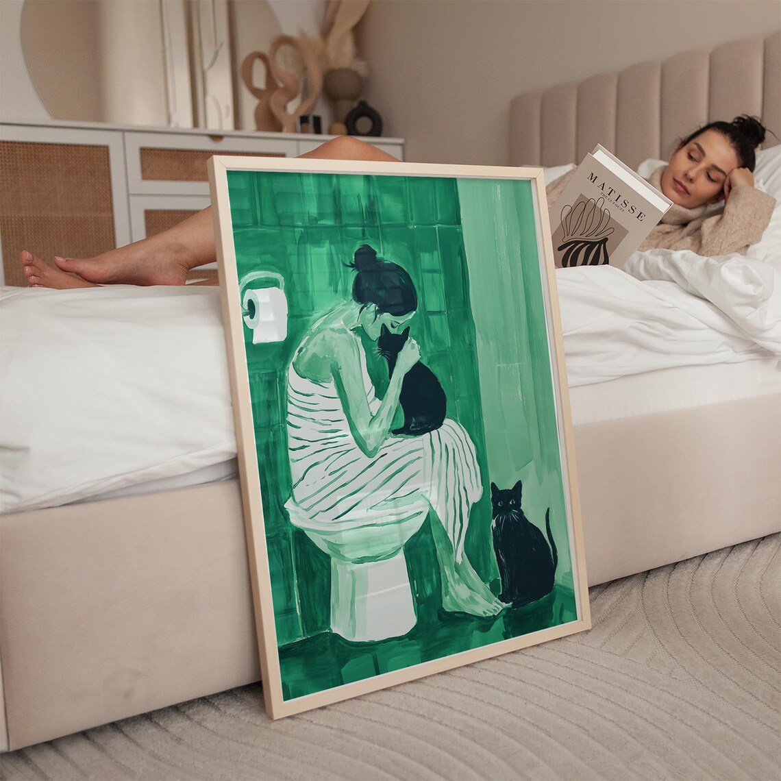 Woman Cuddling Black Cat with Second Cat in Green Bathroom Poster - Image 4