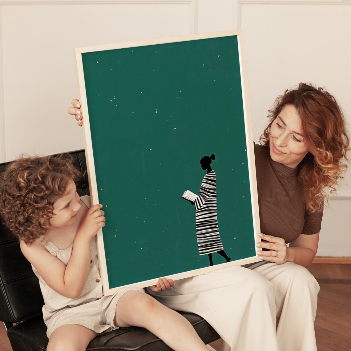 Silhouette Woman Reading Under Stars Emerald Green Minimalist Poster - Image 4