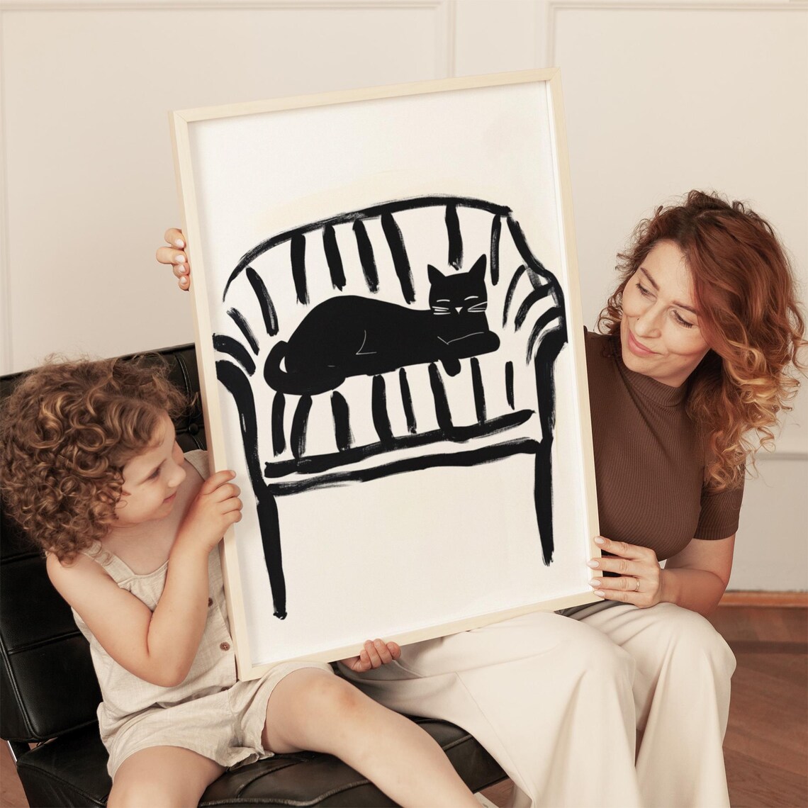 Sleeping Black Cat on Striped Chair Minimalist Ink Art Poster - Image 5