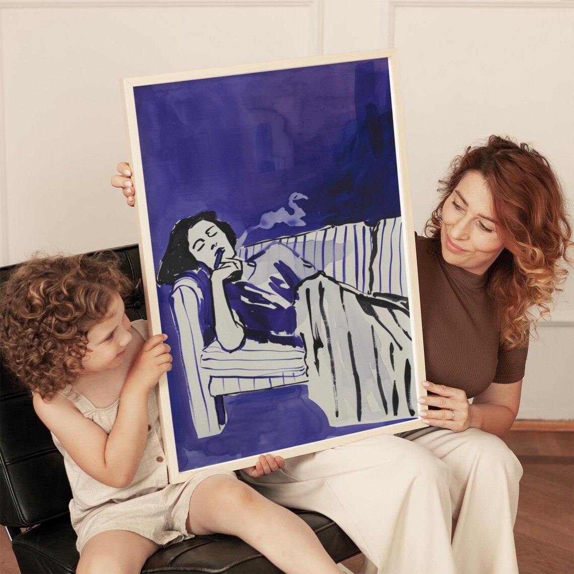 Purple Painterly Portrait Of Woman Smoking On Striped Chair Poster - Image 3