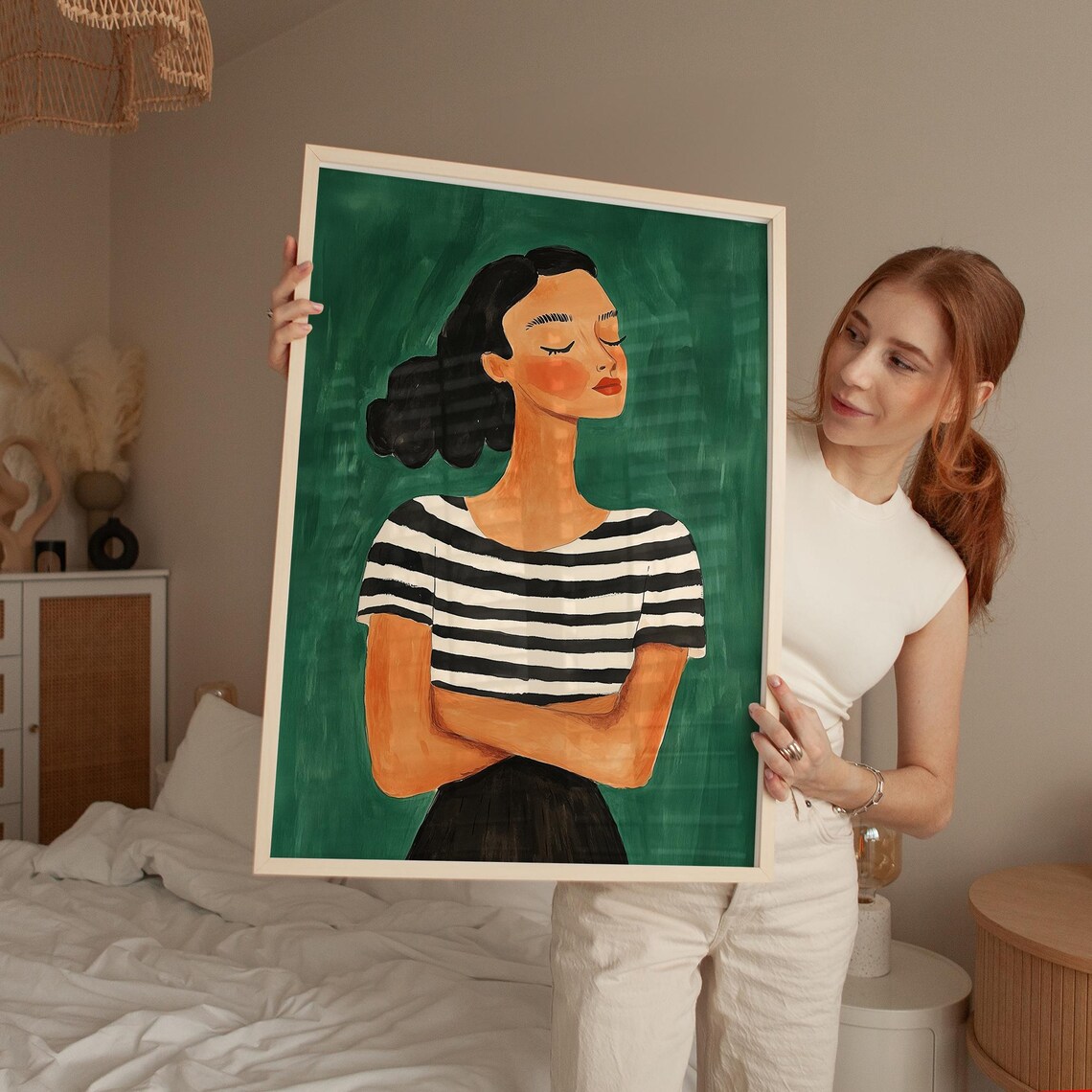 Confident Woman in Striped Shirt Emerald Green Portrait Poster