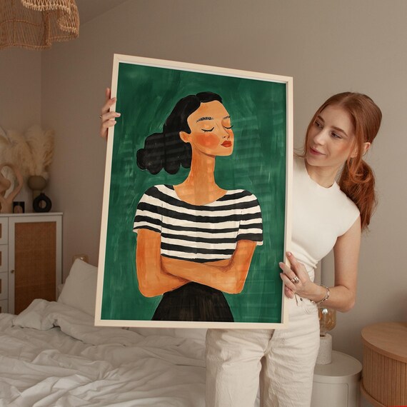 Confident Woman in Striped Shirt Emerald Green Portrait Poster