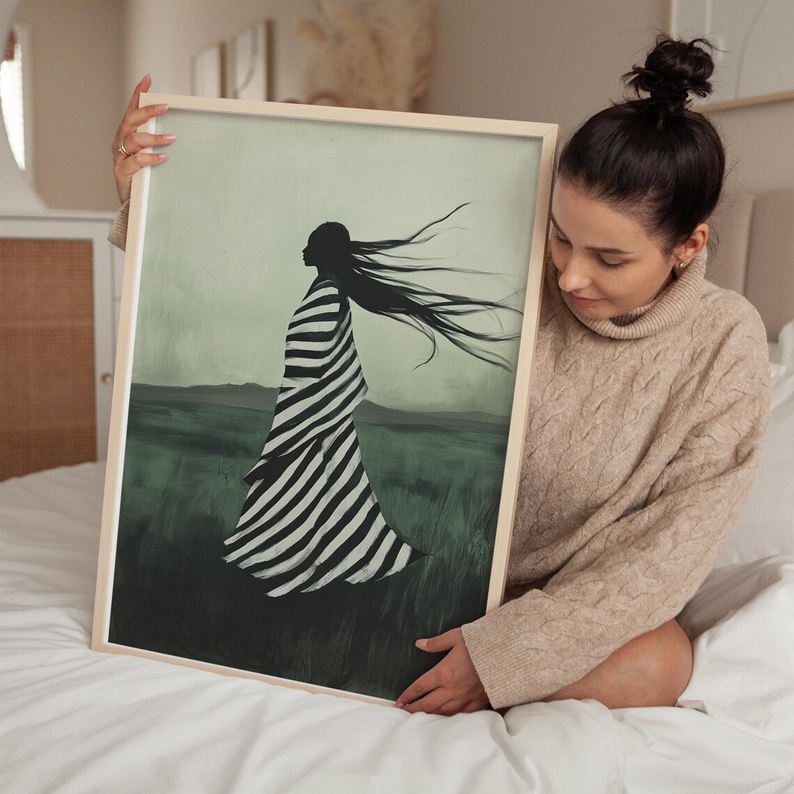 Silhouette Of Woman In Striped Dress Minimalist Abstract Wall Art Mystical Artwork For Modern Home Decor - Image 4