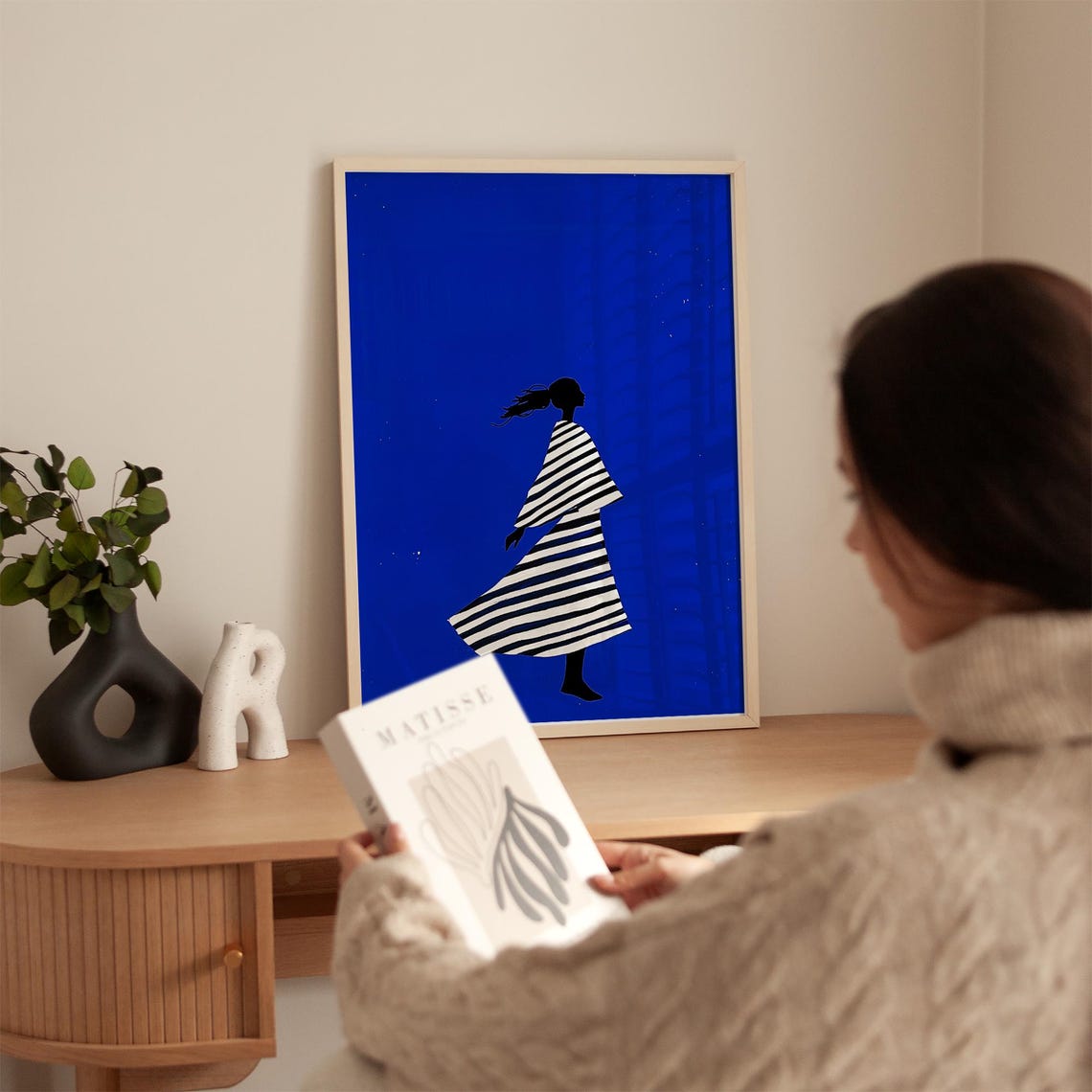 Blue Minimalist Stripe Art Modern Wall Decor Female Silhouette Bold Abstract Design Artwork For Contemporary Home - Image 2