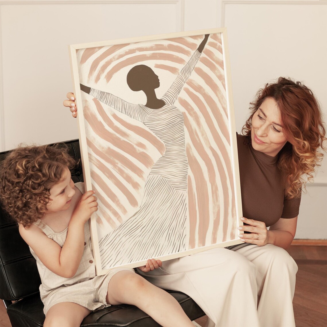 Joyful Dancing Woman in Beige Stripes Expressive Abstract Poster - Image 5