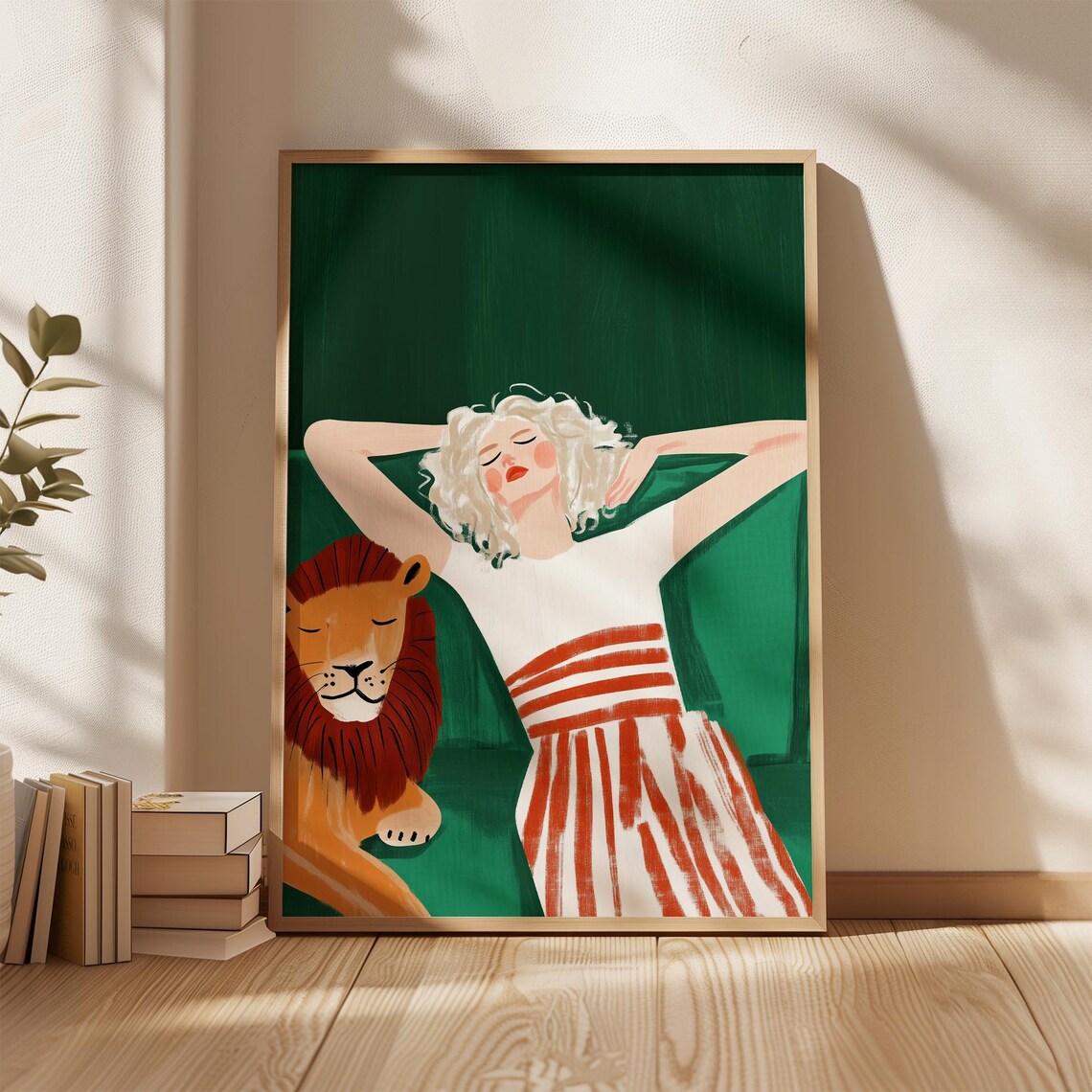 Woman Lounging Beside a Lion Bold Modern Jungle Illustration Poster - Image 4
