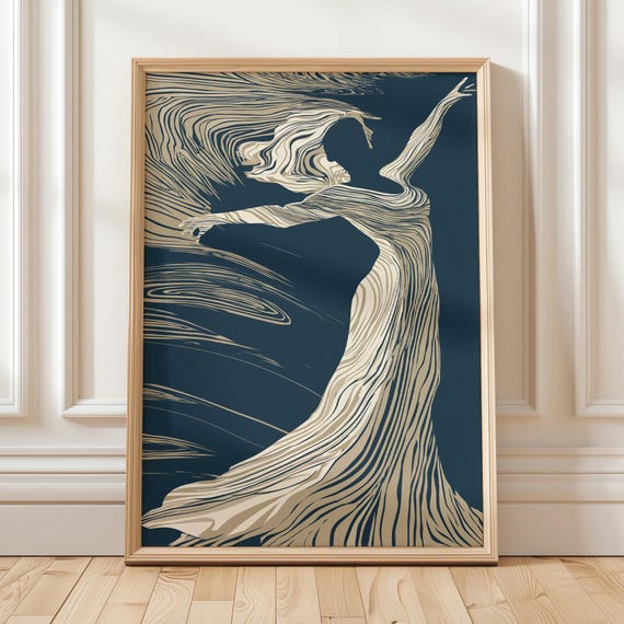 Abstract Woman Silhouette In Navy And Beige Flowing Lines Modern Minimalist Wall Art Elegant Female Figure Print For Contemporary Decor