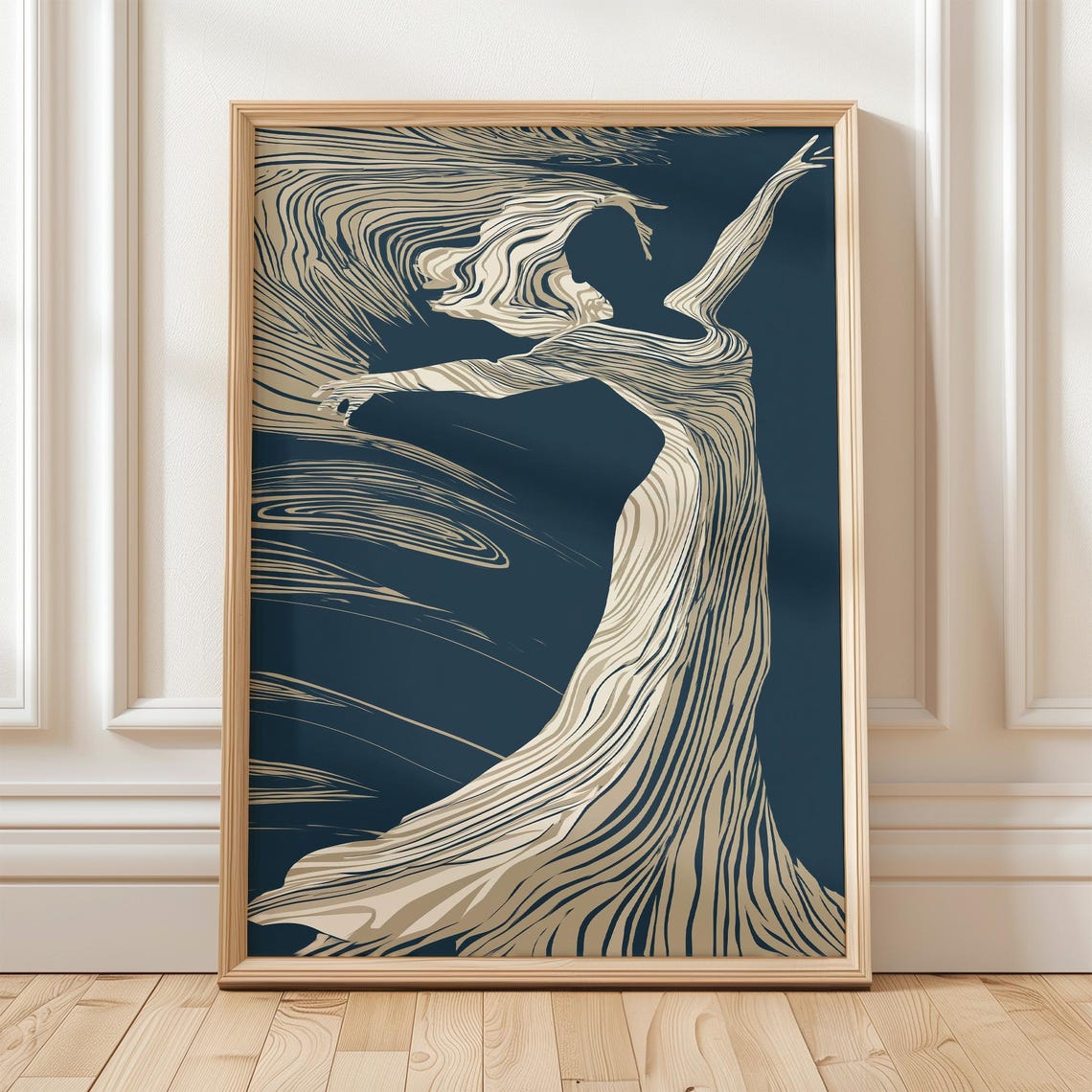Flowing Woman Silhouette Abstract Line Art Poster Navy Beige Minimal