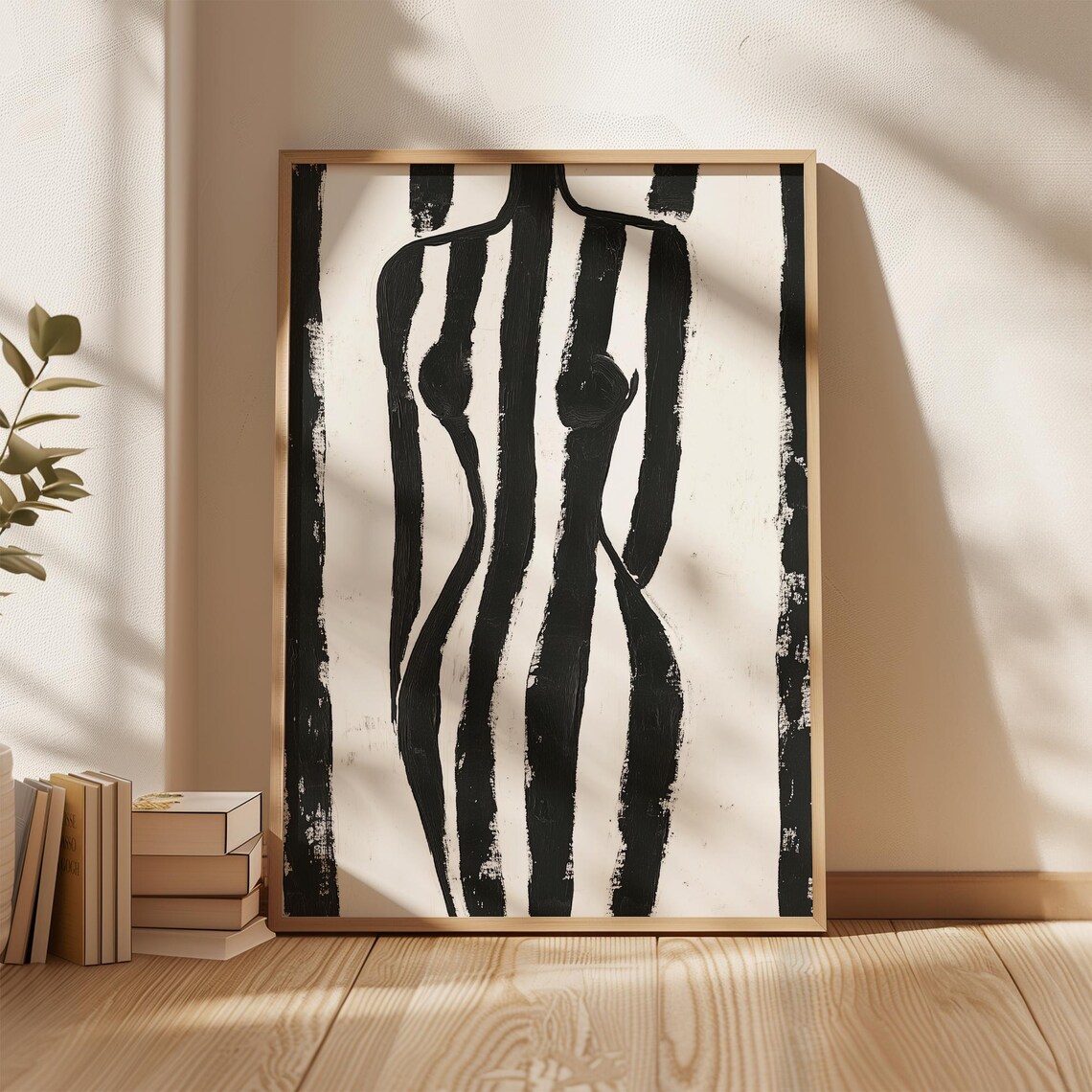 Abstract Female Torso in Black White Vertical Stripes Poster - Image 4