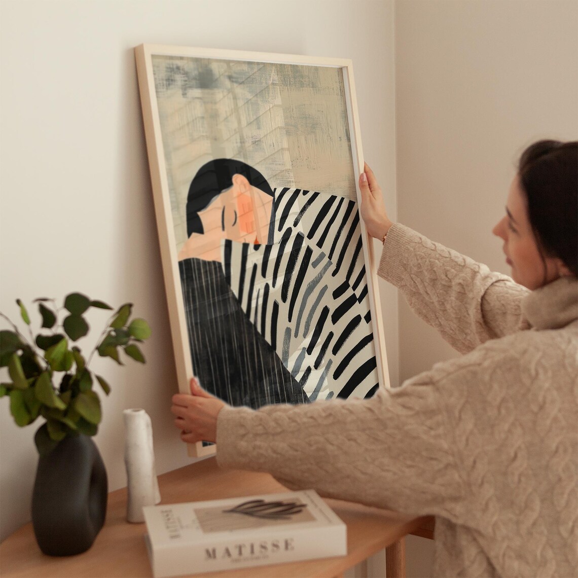 Sleeping Woman in Monochrome Stripes Contemporary Minimal Poster - Image 4
