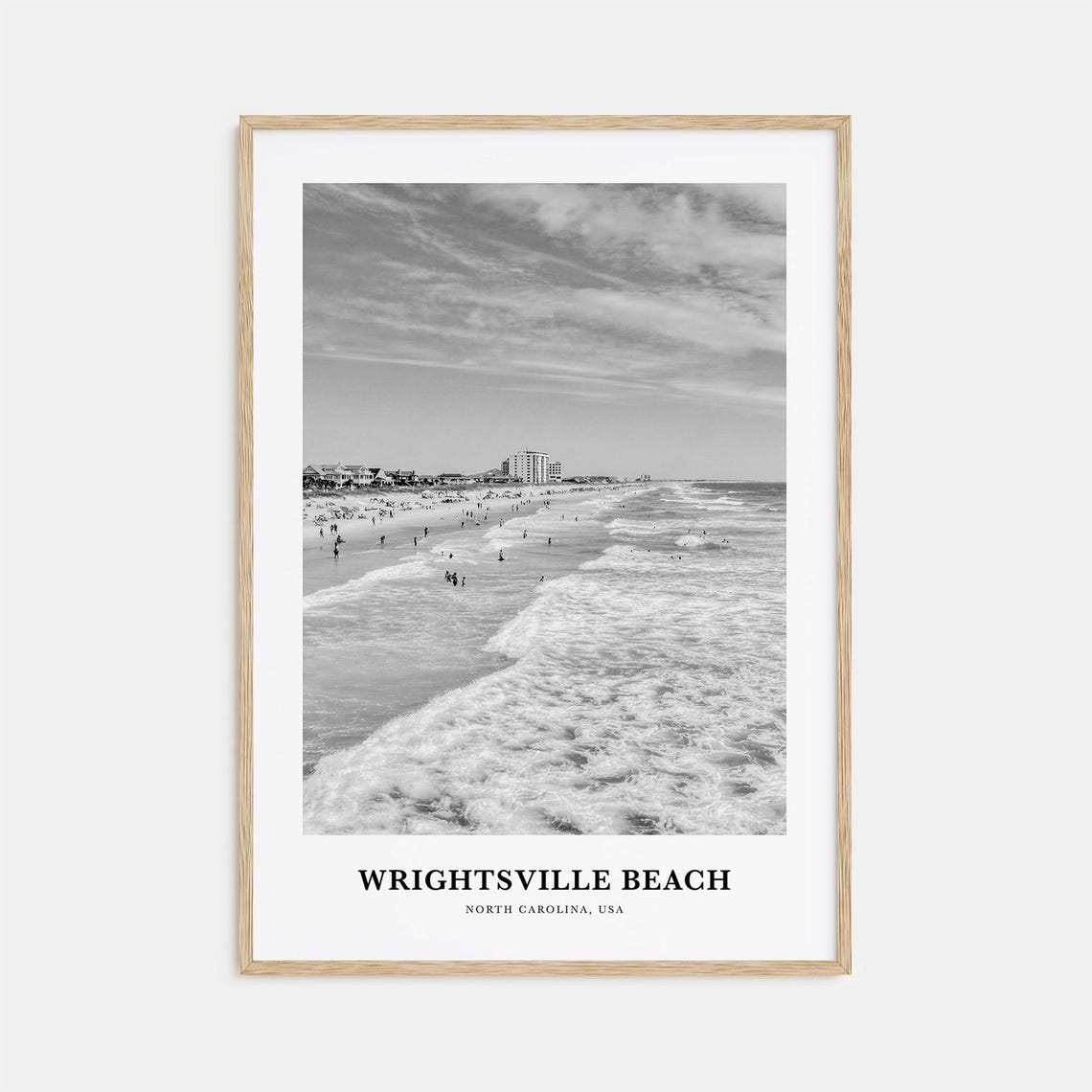 Wrightsville Beach Crowded Shoreline Waves Black and White Poster
