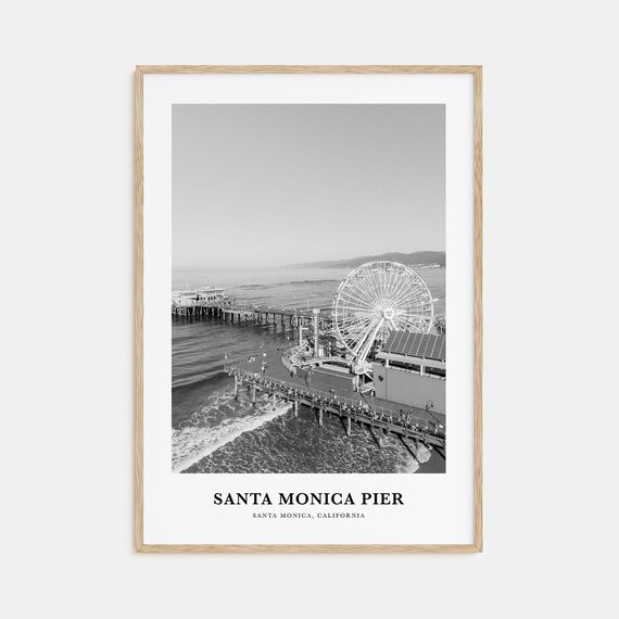 Santa Monica Pier Ferris Wheel Ocean Aerial Black White Art Print