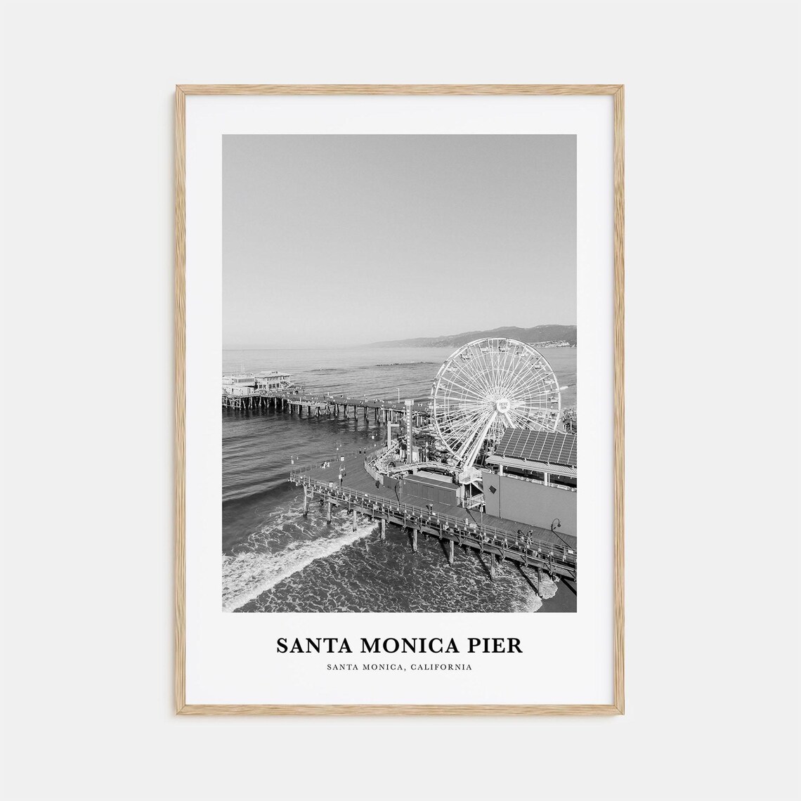 Santa Monica Pier Ferris Wheel Ocean Aerial Black White Art Print