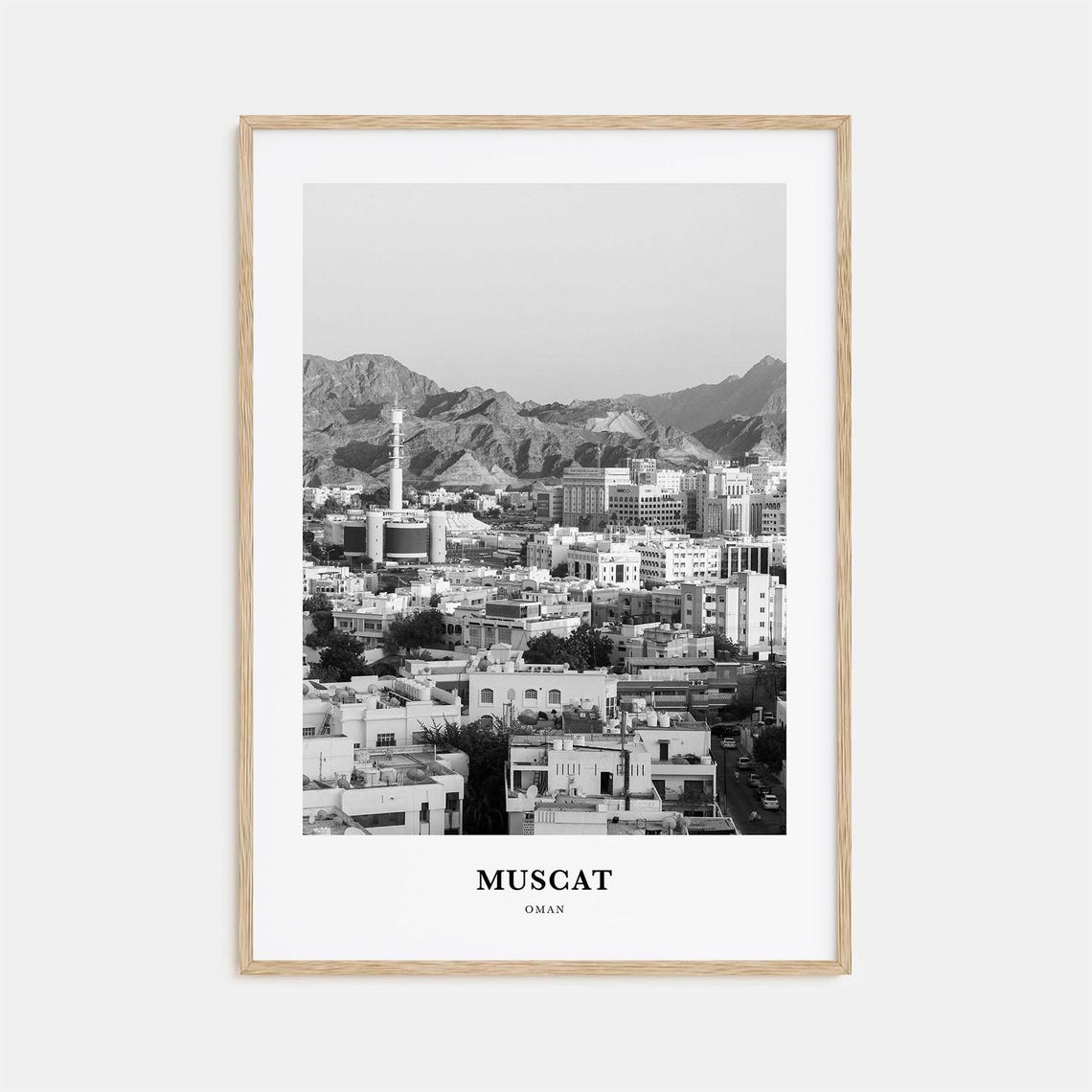 Muscat Oman Cityscape Mountain Backdrop Black And White Travel Poster