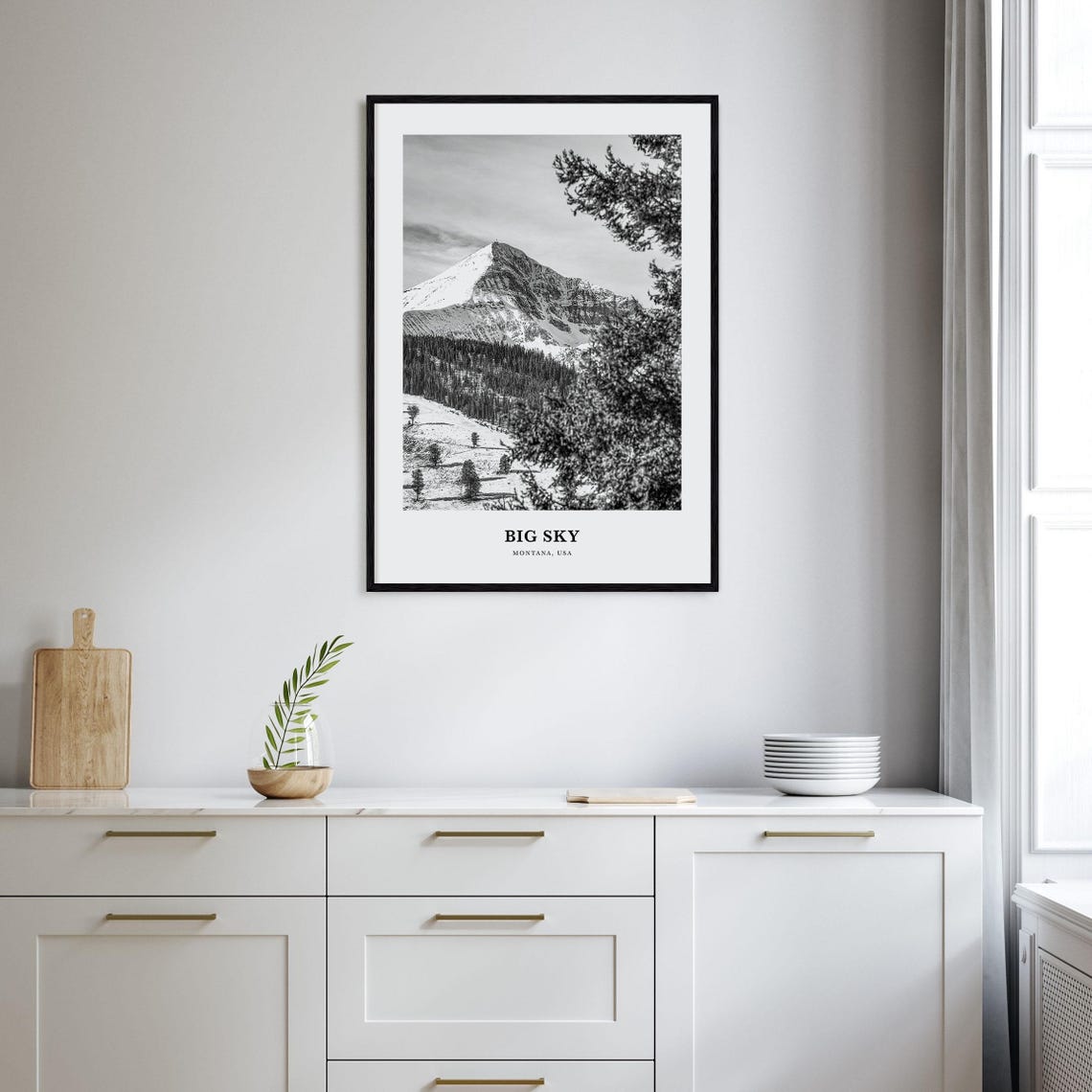 Big Sky Montana Snow Covered Mountain Peak Black and White Art Poster - Image 2