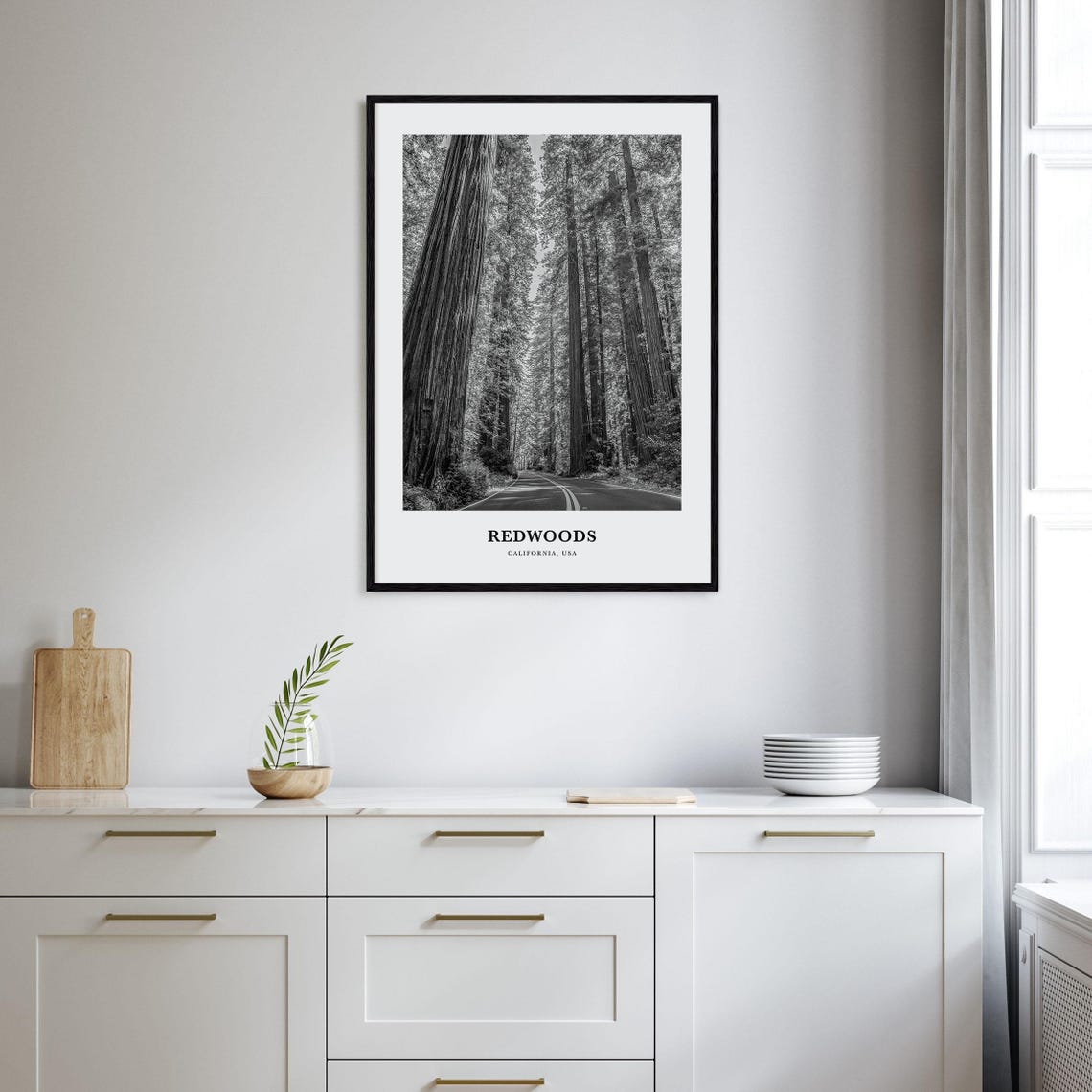 California Redwoods Road Black and White Forest Nature Poster - Image 2