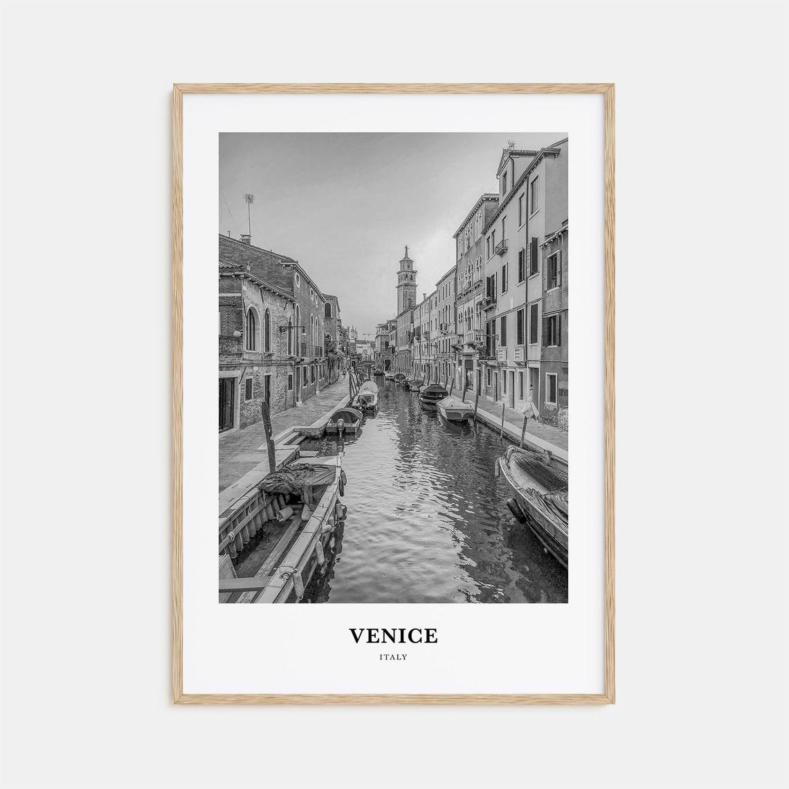 Venice Italy Quiet Canal with Moored Boats Monochrome Art Poster