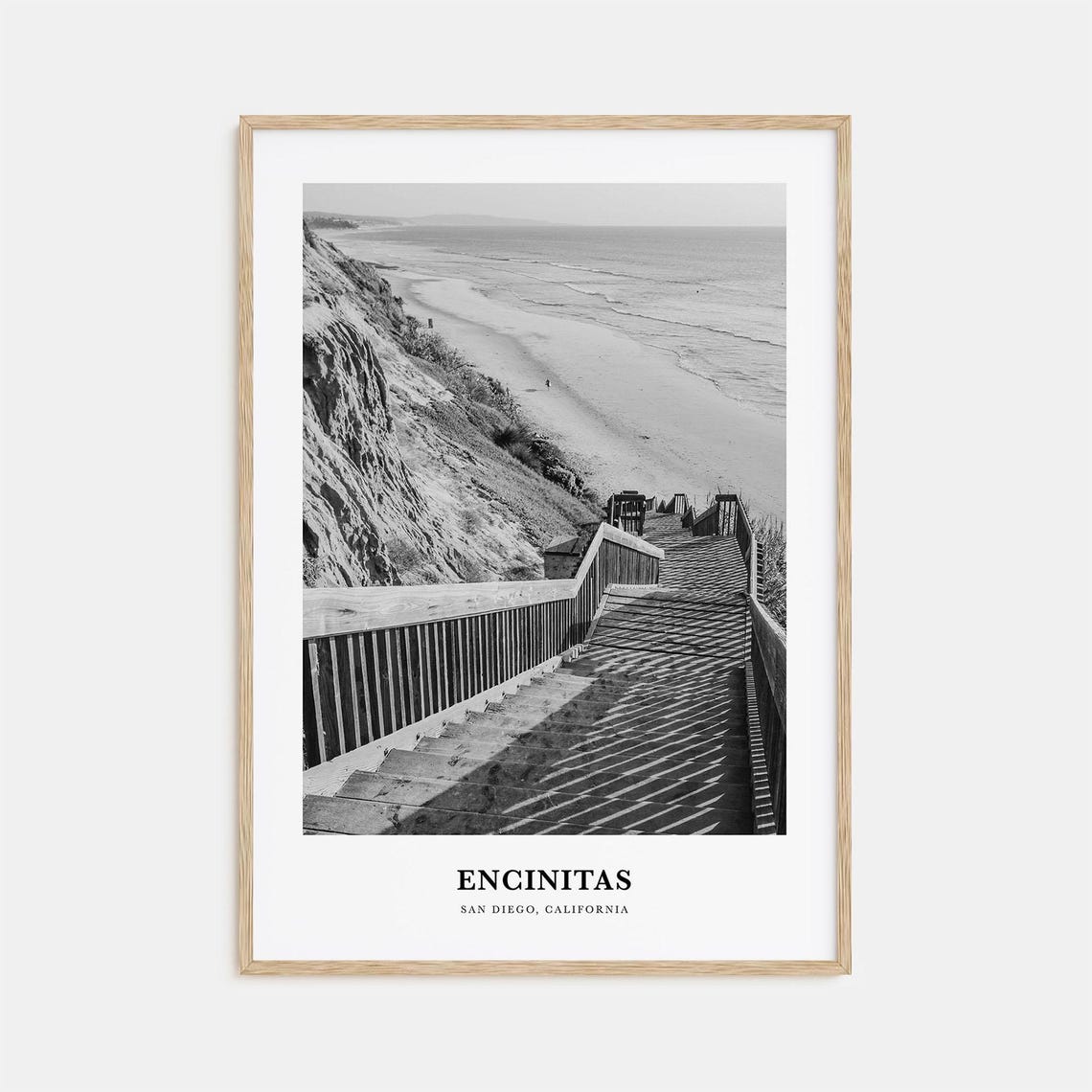 Encinitas Beach Bluff Wooden Staircase Black and White Poster