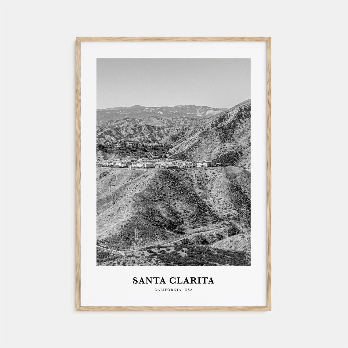 Santa Clarita California Hillside Homes Mountains Black and White Poster