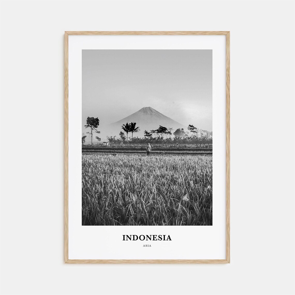 Indonesia Asia Rice Paddies Misty Volcano Black White Travel Poster