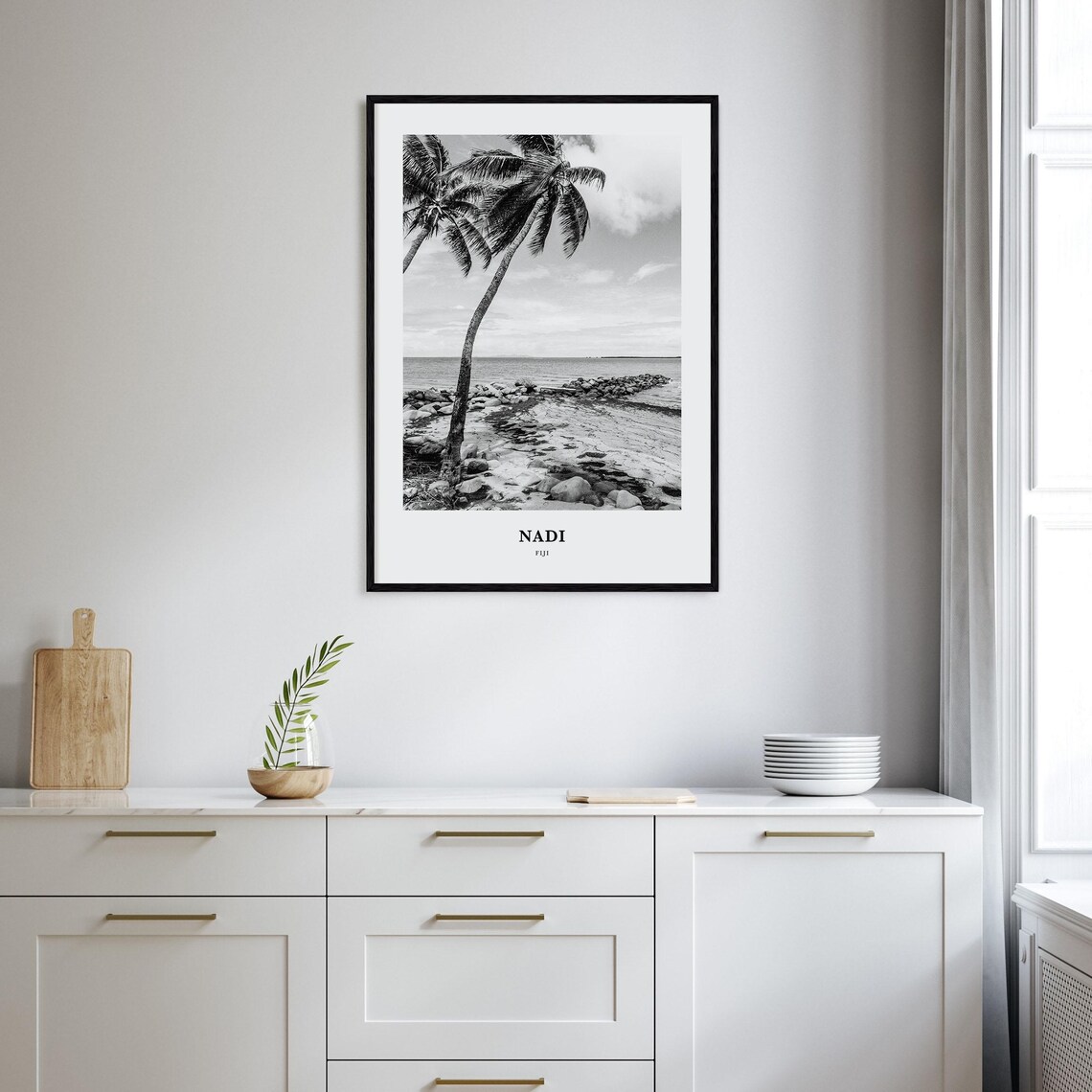 Nadi Fiji Palm Trees Rocky Shoreline Black and White Art Print - Image 2