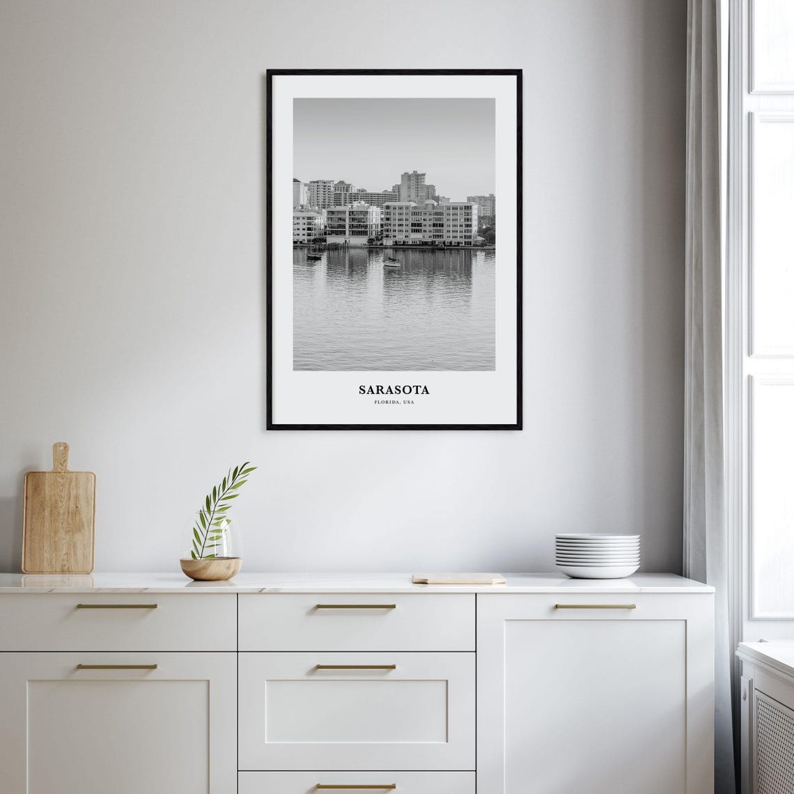Sarasota Florida Waterfront Skyline Boats Black and White Poster - Image 2