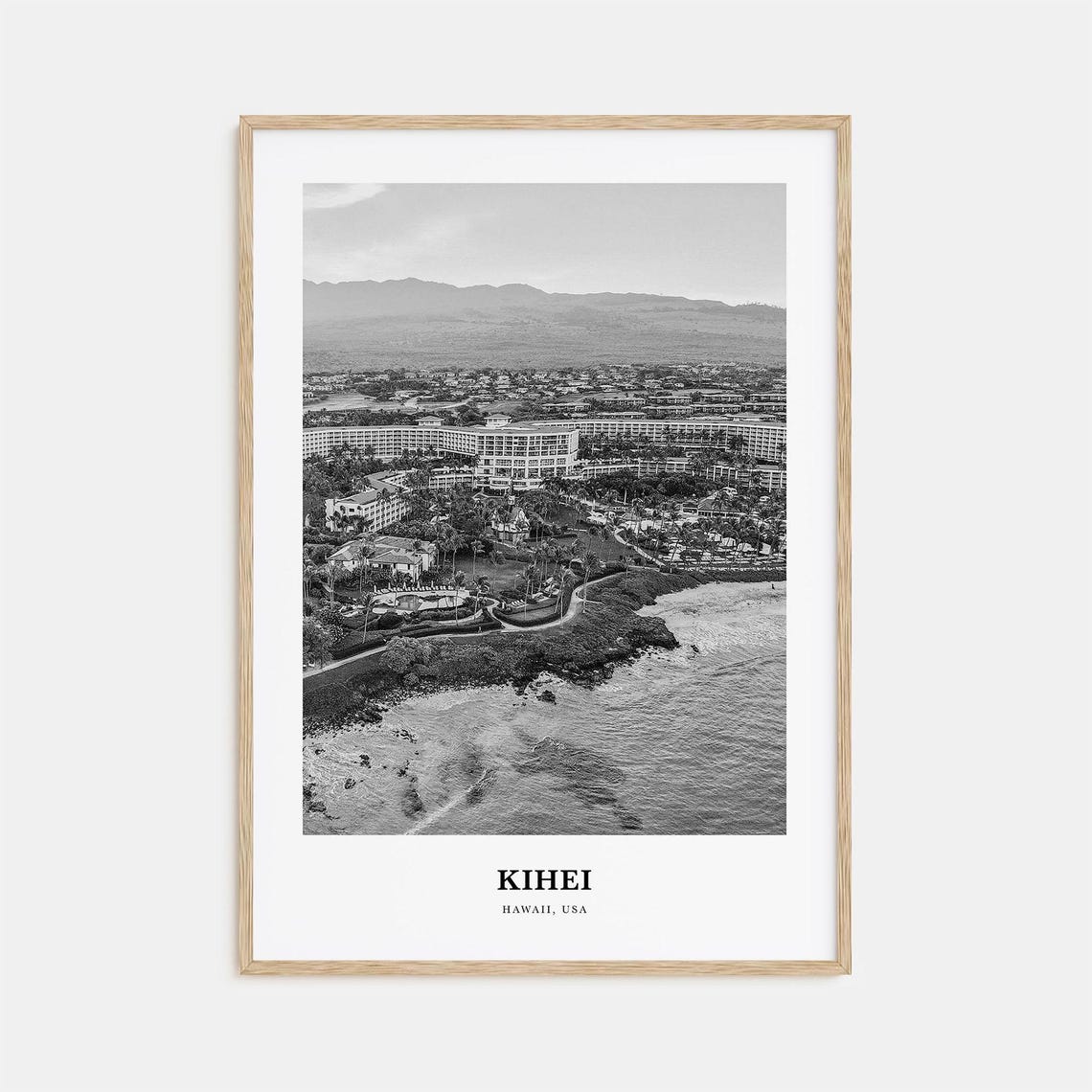 Kihei Hawaii Black and White Aerial Maui Resort Coastline Poster