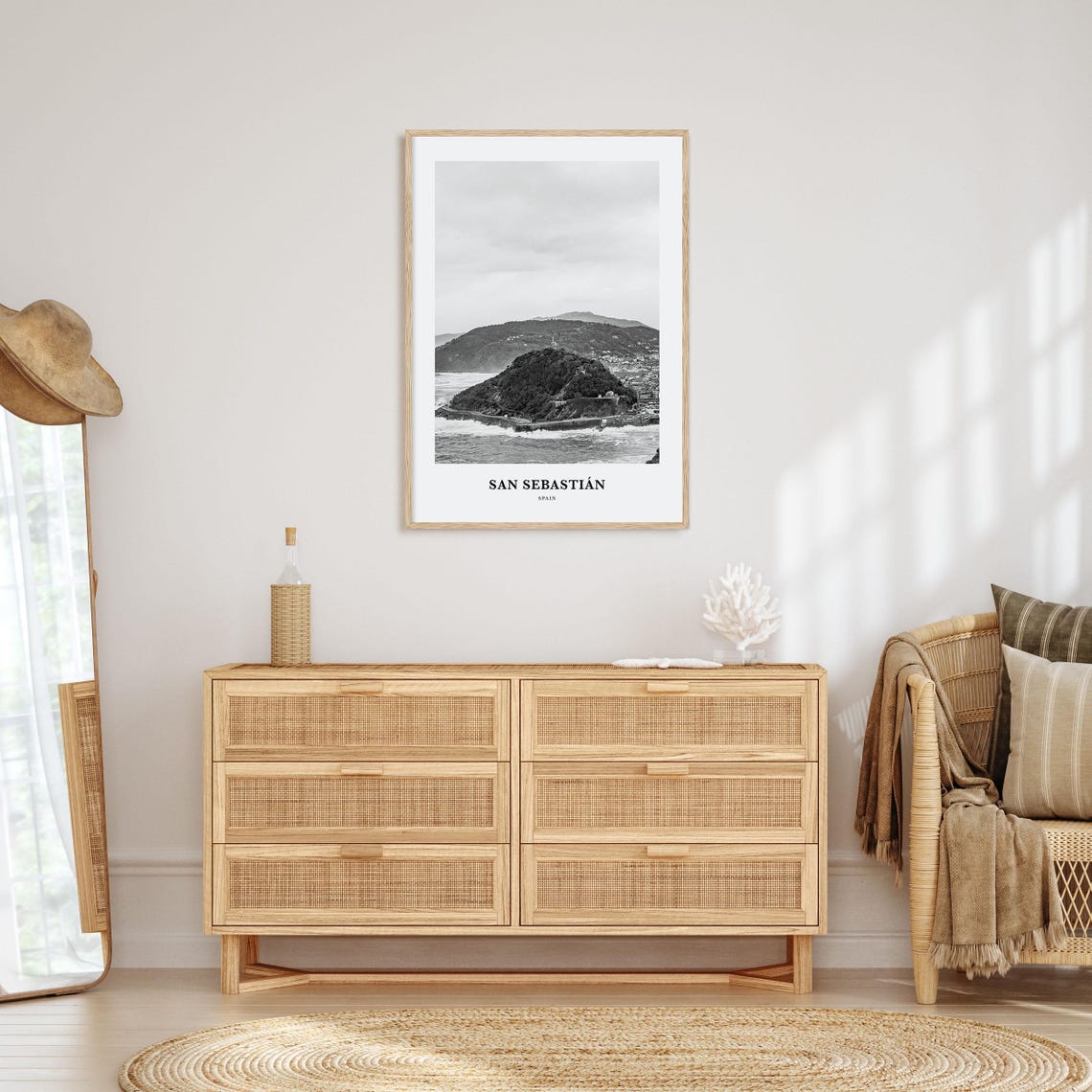 San Sebastian Spain Coastal Hill Ocean Waves Black And White Poster - Image 3
