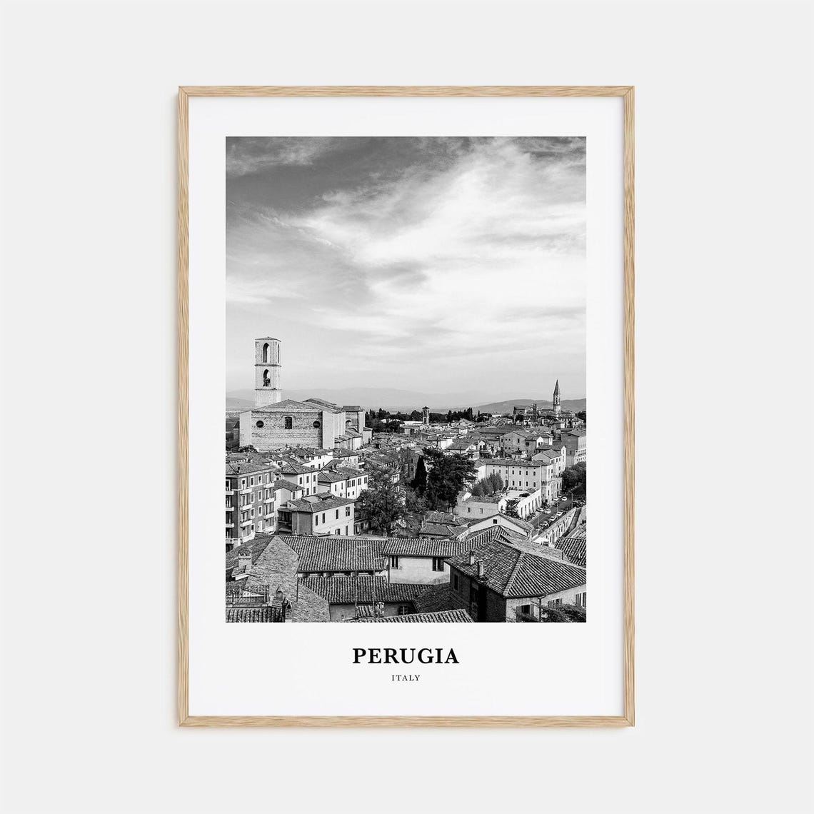 Perugia Italy Old Town Rooftops Church Black and White Poster