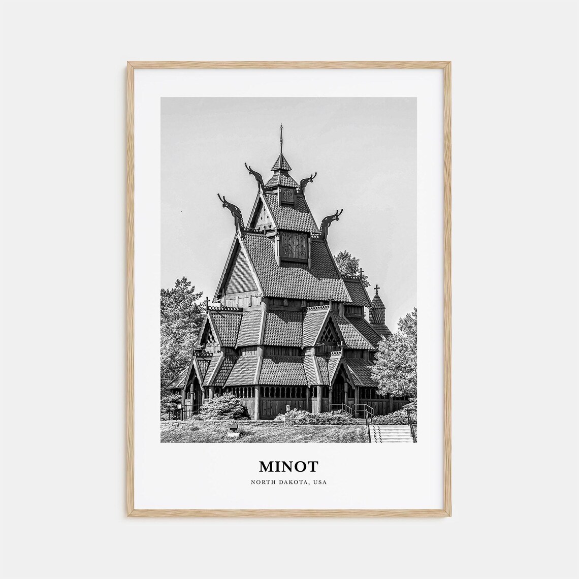 Minot North Dakota Stave Church Black And White Landmark Photo Poster