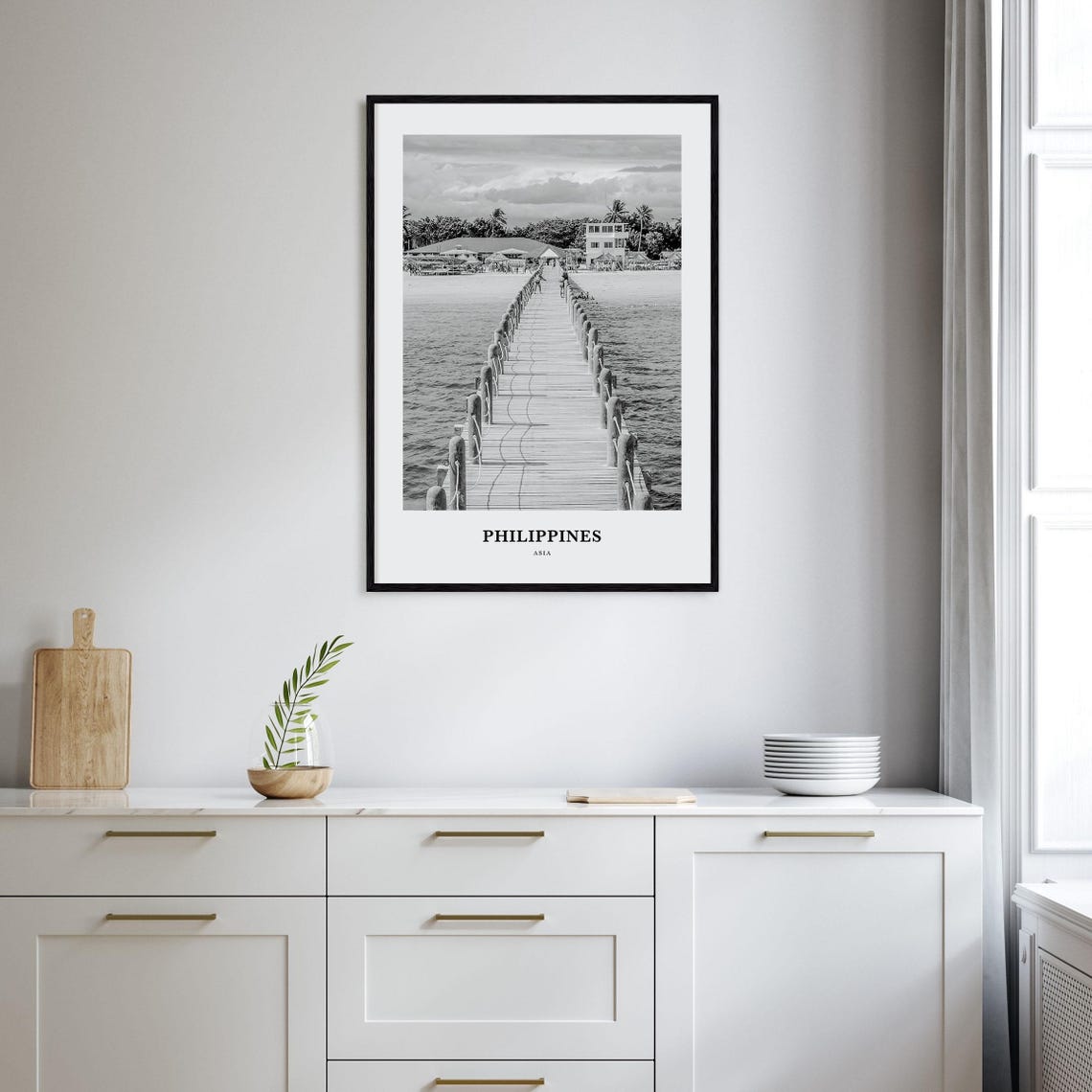 Philippines Beach Resort Long Wooden Pier Black and White Poster - Image 2