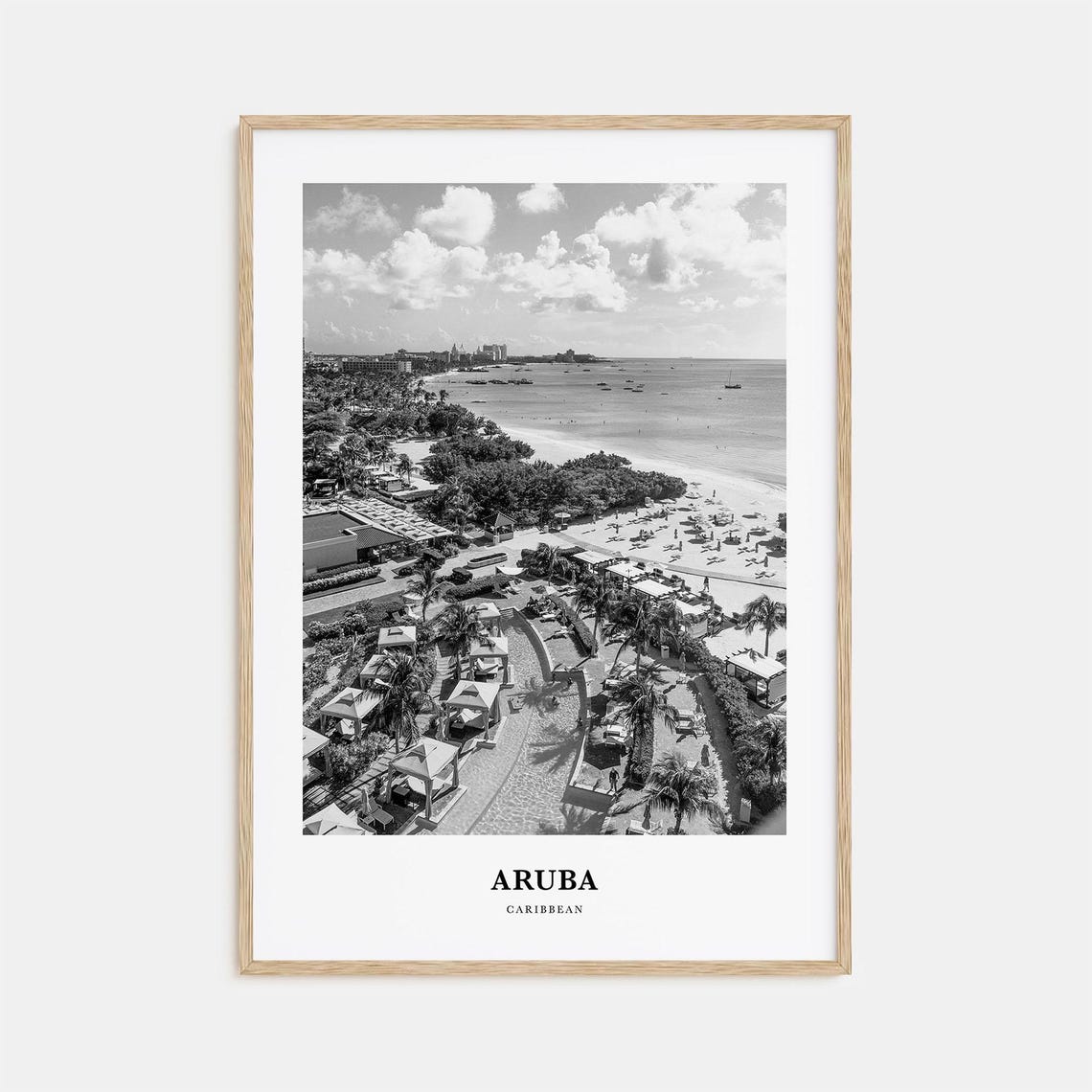 Aruba Caribbean Aerial Beach Resort Palms Black and White Poster
