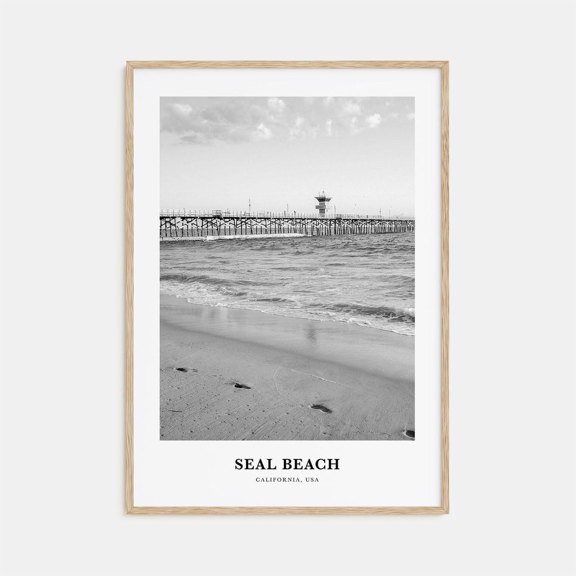 Seal Beach California Pier From Sandy Beach Black White Travel Poster