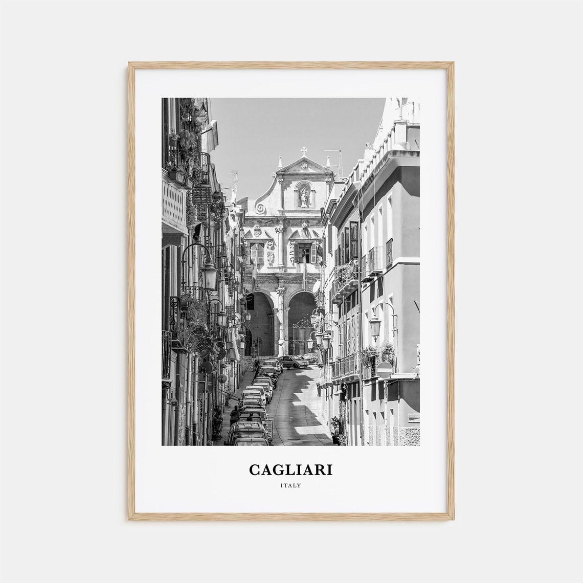 Cagliari Italy Old Town Street Historic Church Monochrome Poster