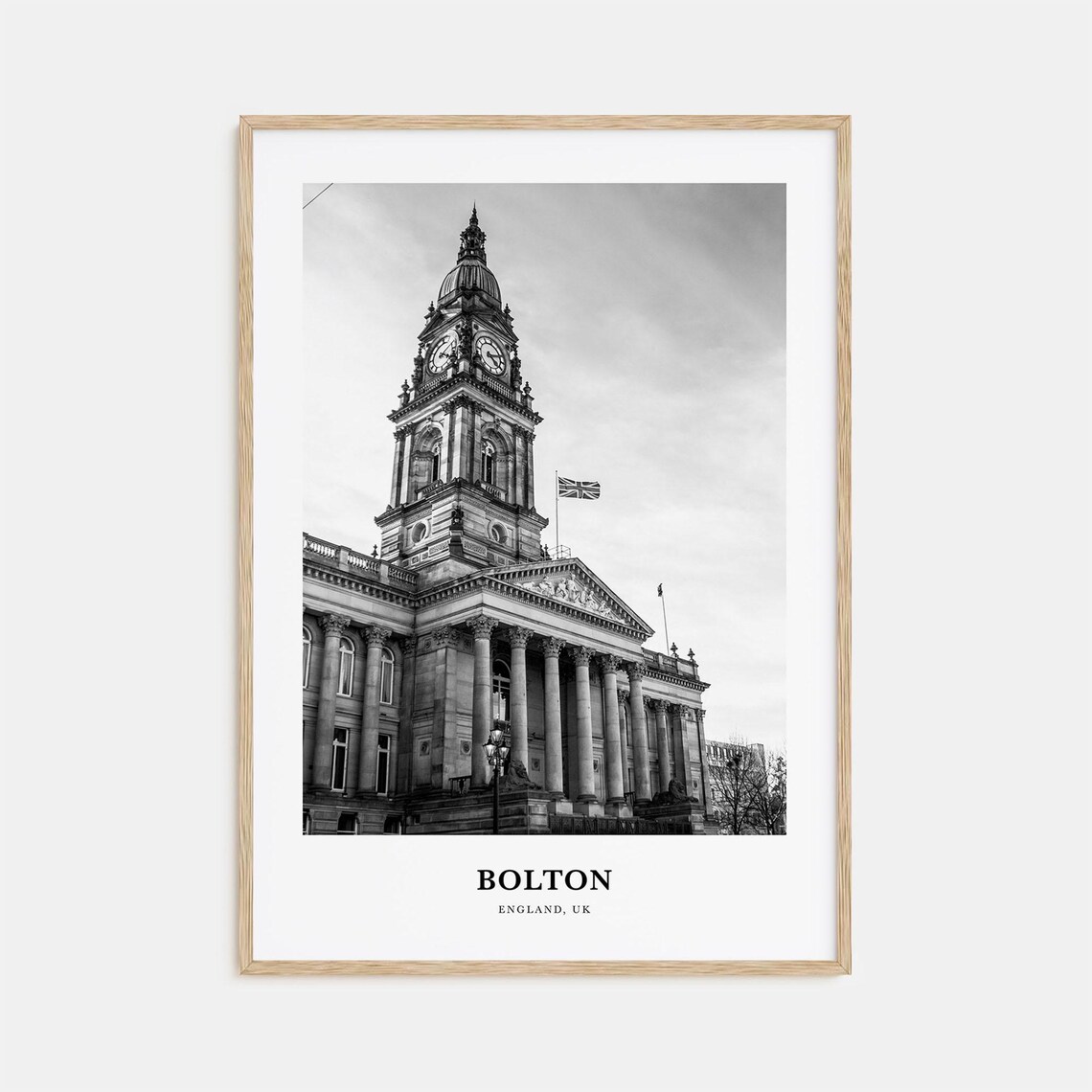 Bolton England Town Hall Clock Tower UK Black and White Travel Poster