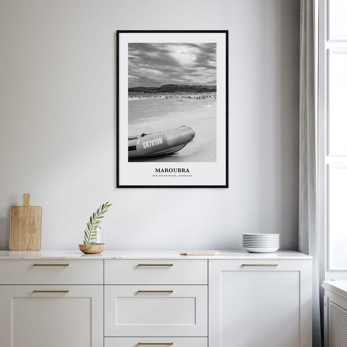 Maroubra Australia Surf Beach Rescue Boat Black White Poster - Image 2