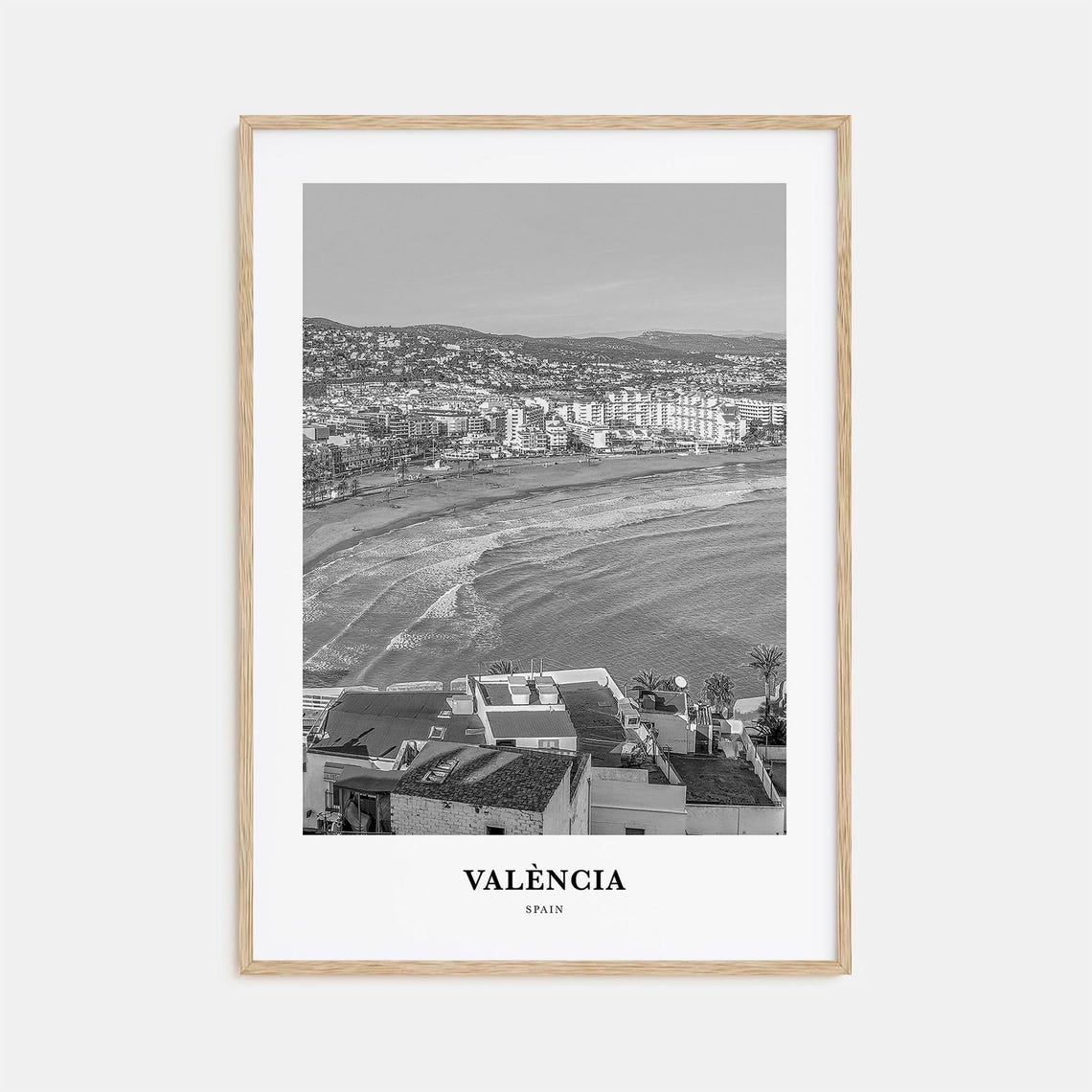 Valencia Spain Coastal Bay Hillside View Monochrome Art Poster