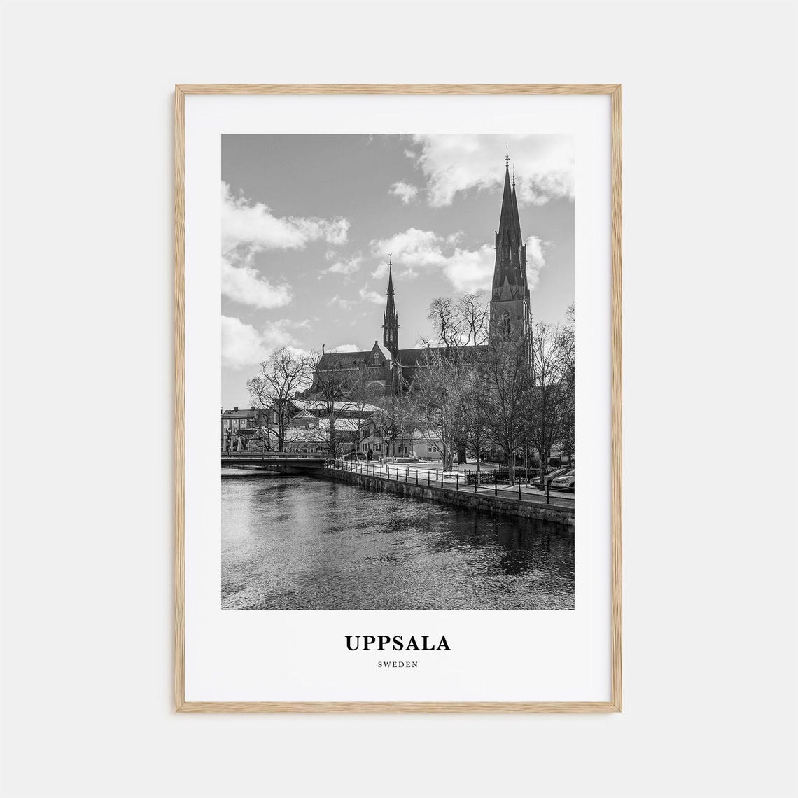 Uppsala Sweden Cathedral River Reflections Monochrome Art Poster
