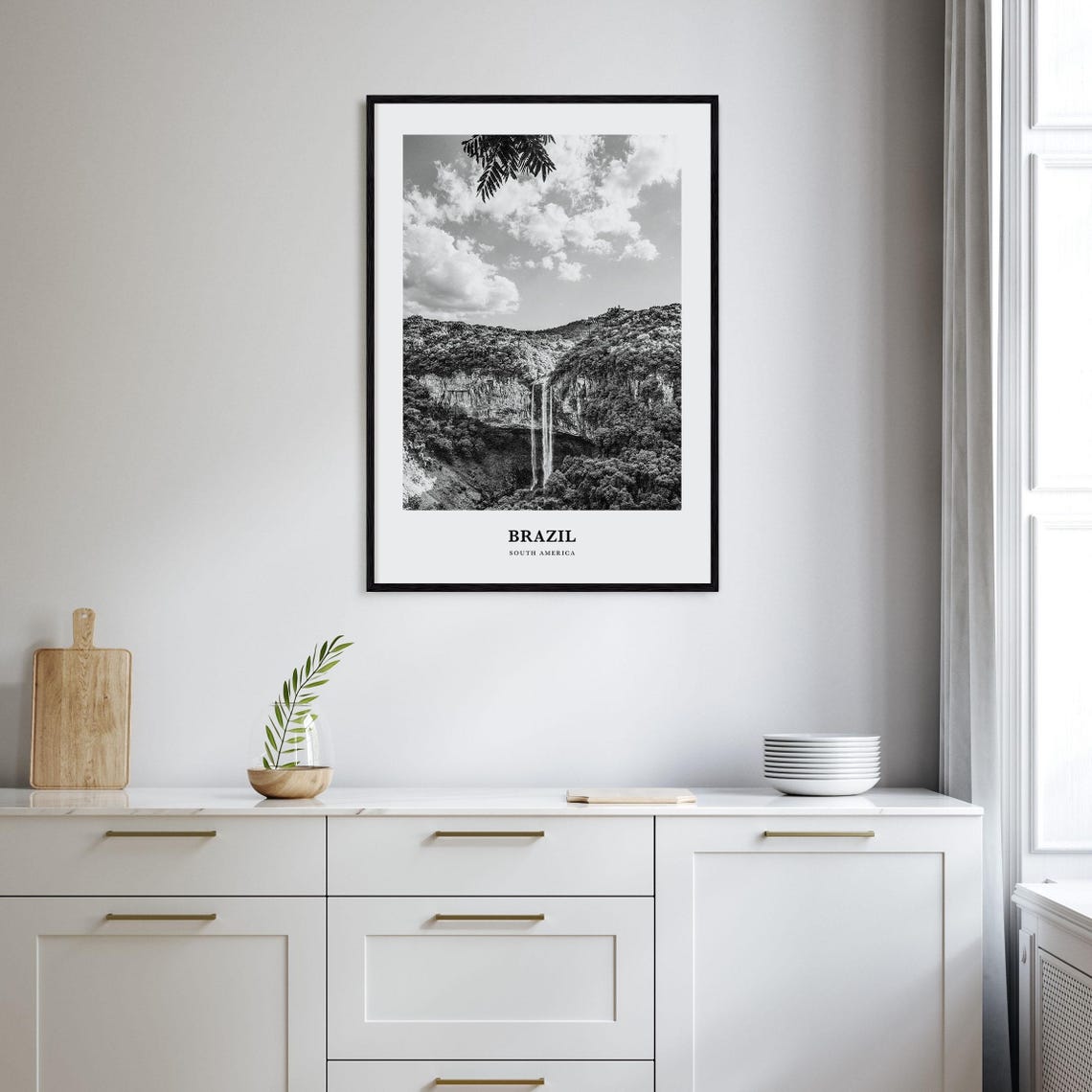 Brazil Waterfall Canyon Tropical Forest Black and White Poster - Image 2