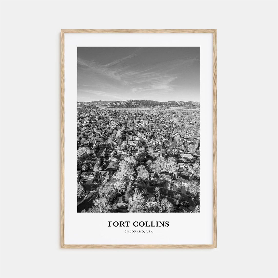 Fort Collins Colorado Black and White Aerial Town View Poster