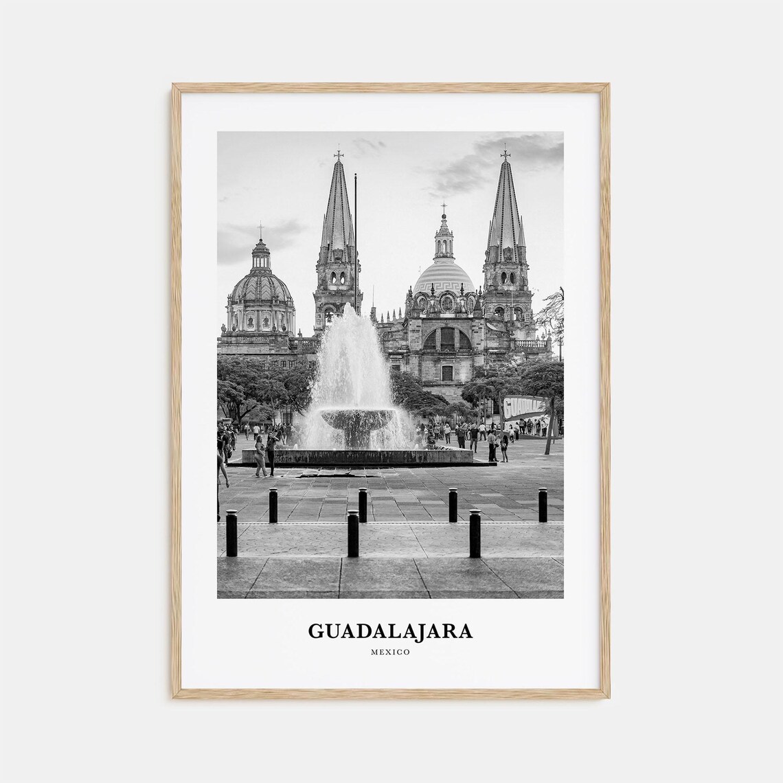 Guadalajara Cathedral Fountain Plaza Mexico Black And White Travel Poster